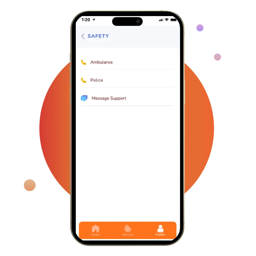 Dog Drive app safety features screen with emergency contacts and message support