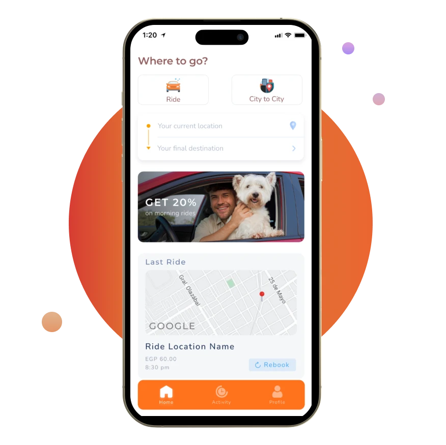 Dog Drive app home screen for booking pet-friendly rides and rebooking past trips